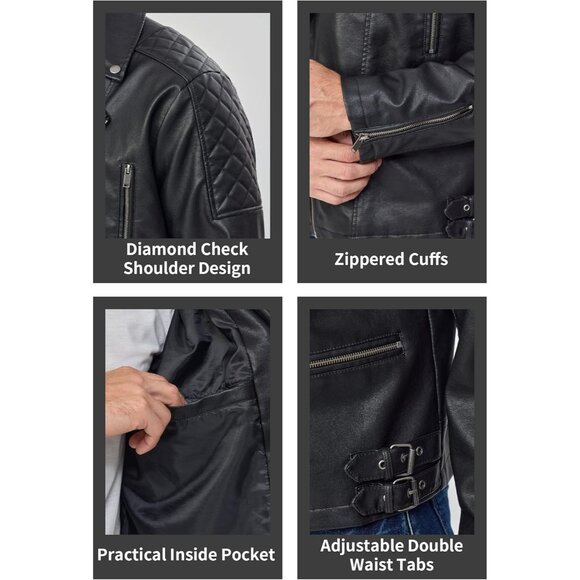 Men Black Faux Leather Bomber Jacket Lightweight Zip Up Slim Fit Coat - Picture 6 of 7